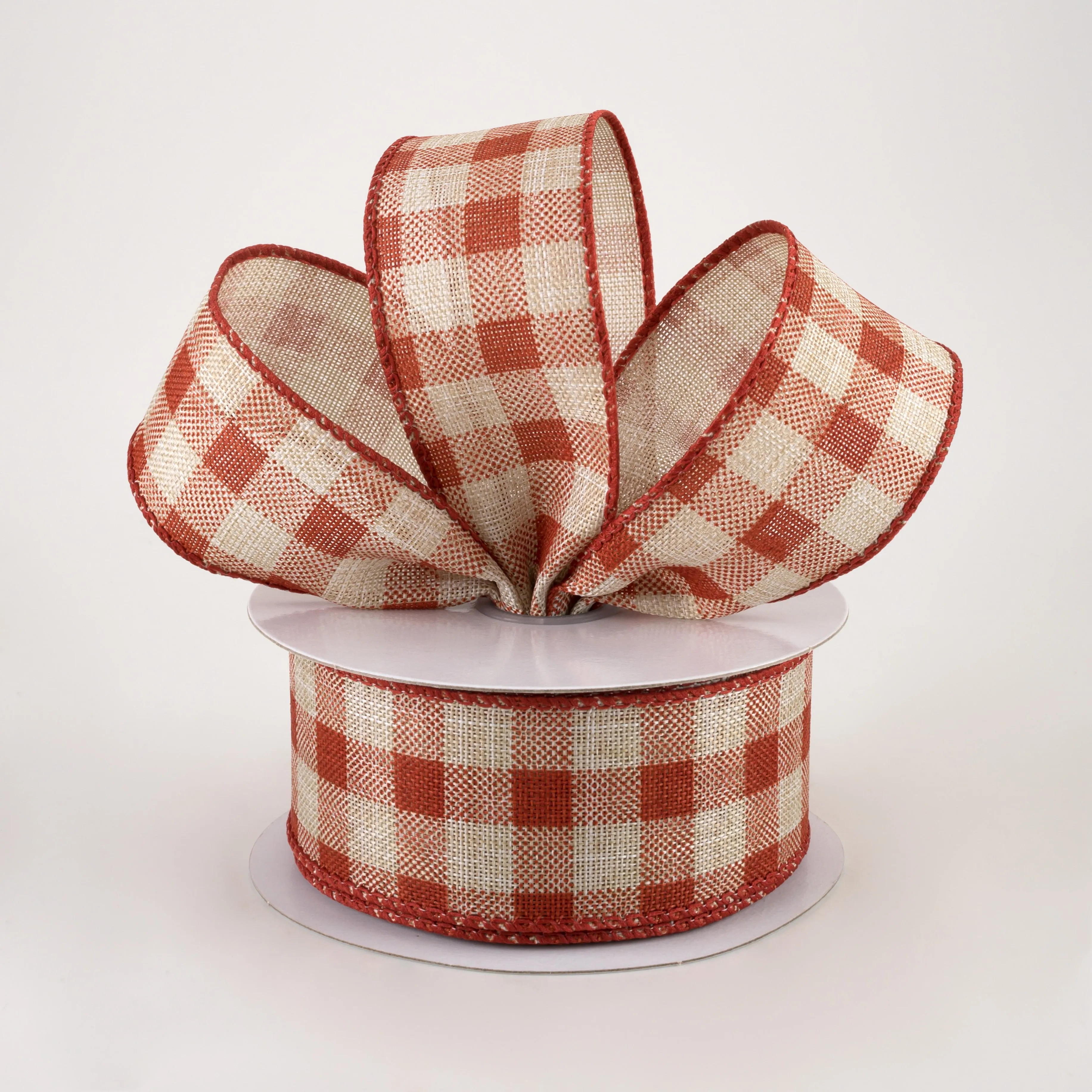 1.5" Linen Check Plaid Ribbon: Rust on Natural (10 Yards)