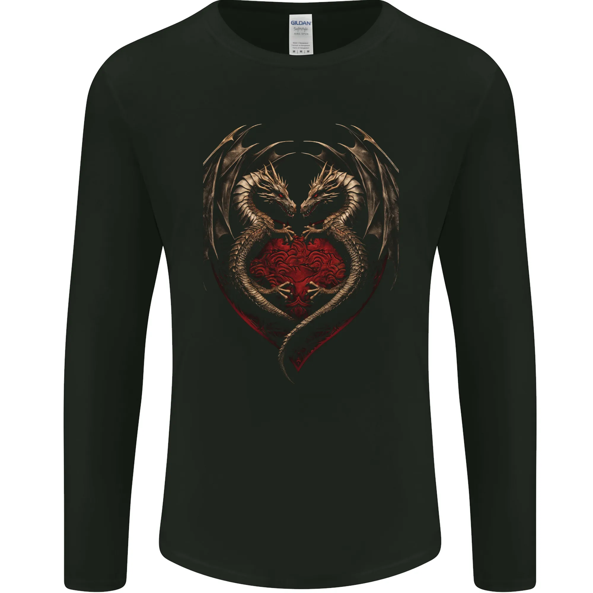 2 Fantasy Dragons in a Heart Shape Gothic Goth Mens Long Sleeve T-Shirt