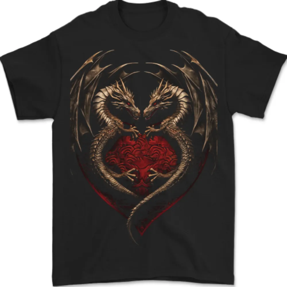 2 Fantasy Dragons in a Heart Shape Gothic Goth Mens T-Shirt 100% Cotton