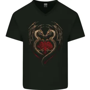 2 Fantasy Dragons in a Heart Shape Gothic Goth Mens V-Neck Cotton T-Shirt