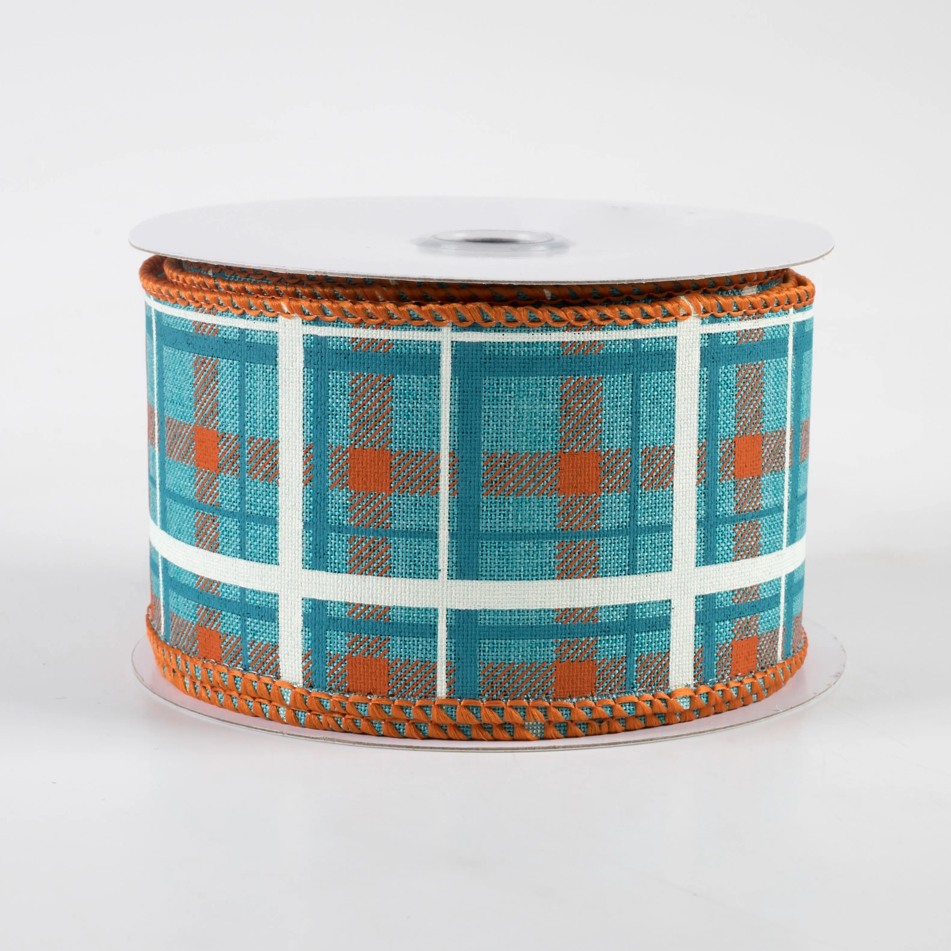 2.5" Printed Plaid Ribbon: Light Teal, Dark Orange, Turquoise (10 Yards)