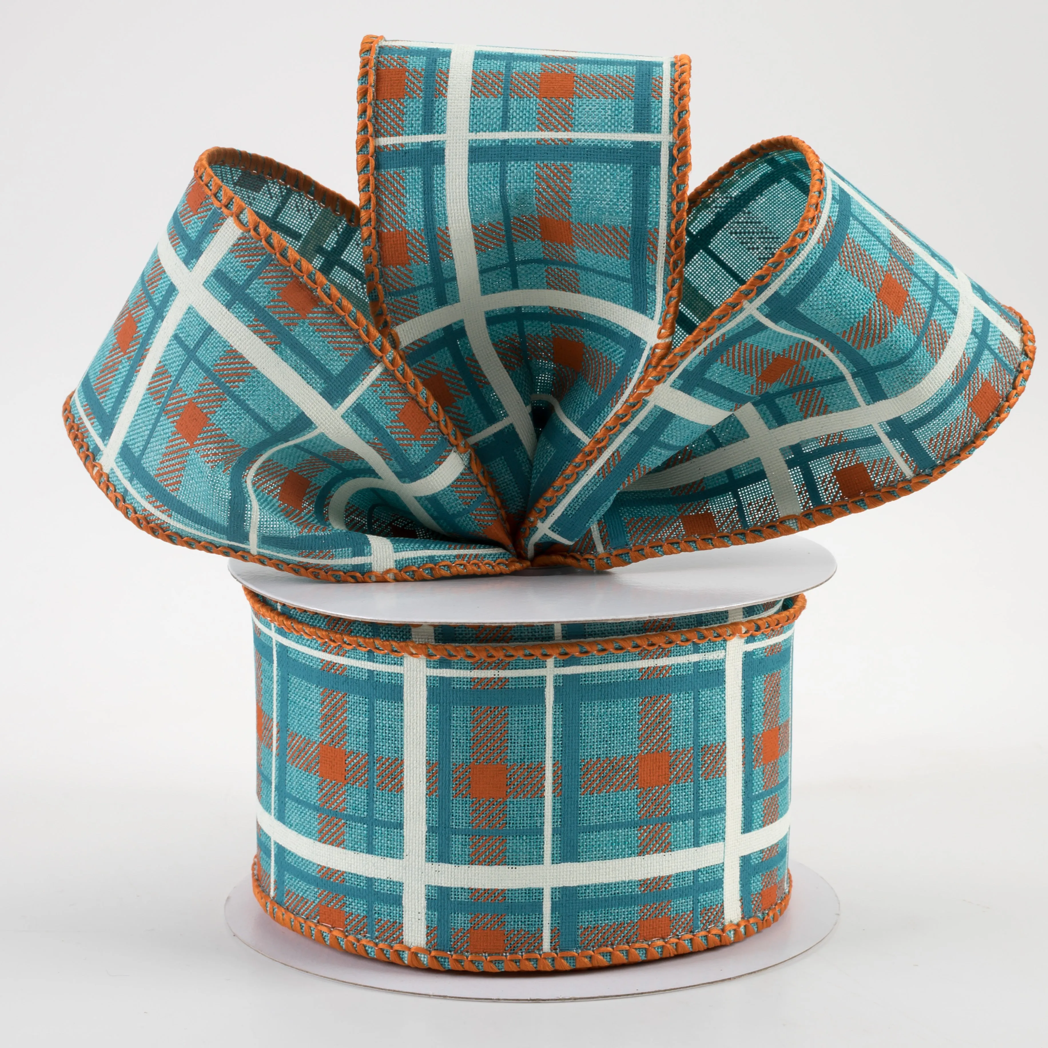 2.5" Printed Plaid Ribbon: Light Teal, Dark Orange, Turquoise (10 Yards)