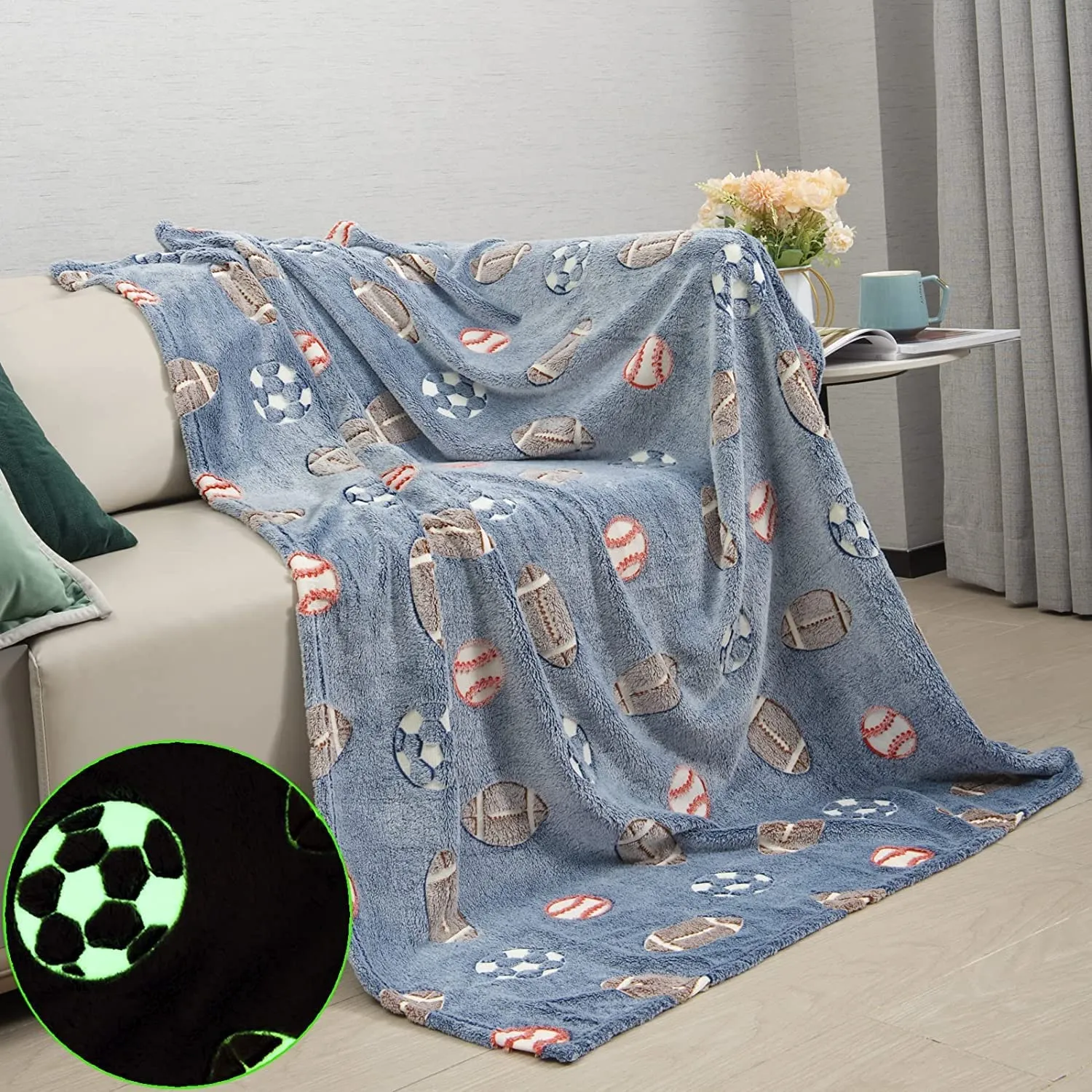 AG E-Com Glow in The Dark Football Blanket | Bedroom Decor |Gifts for Toddler- Kids-Teens Boys & Girls |Travel Lightweight -Throw Blankets| Soft Cozy Fluffy- 50"x60"