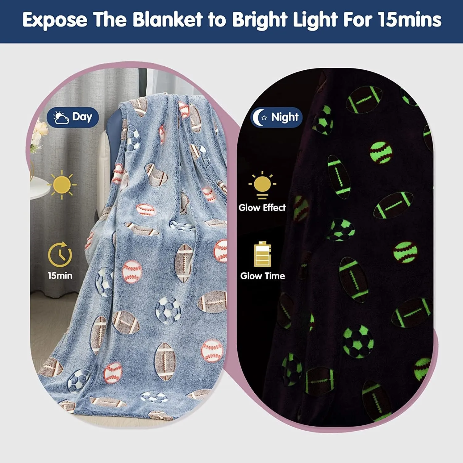 AG E-Com Glow in The Dark Football Blanket | Bedroom Decor |Gifts for Toddler- Kids-Teens Boys & Girls |Travel Lightweight -Throw Blankets| Soft Cozy Fluffy- 50"x60"