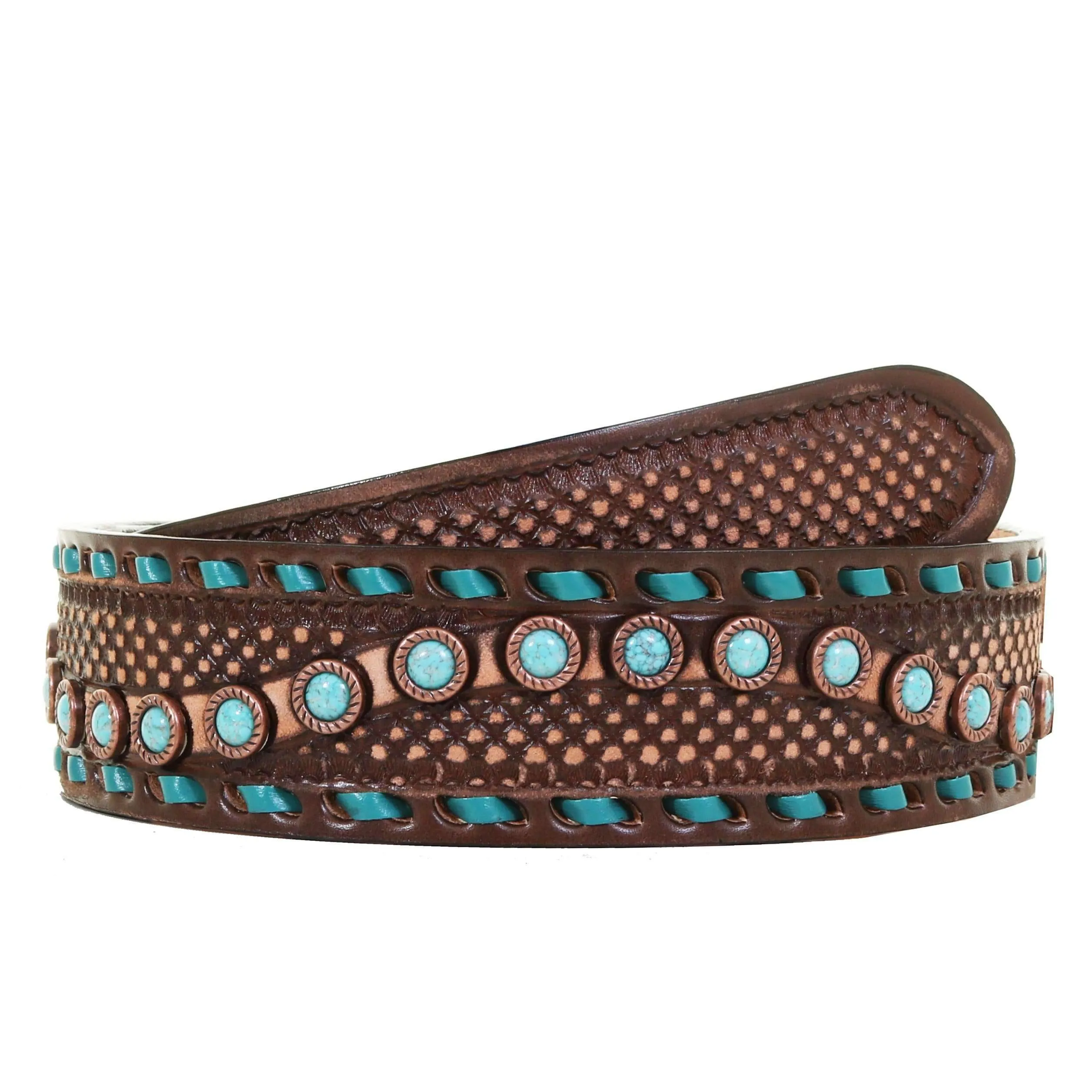 B1033 - Brown Vintage Studded Buck Stitched Belt