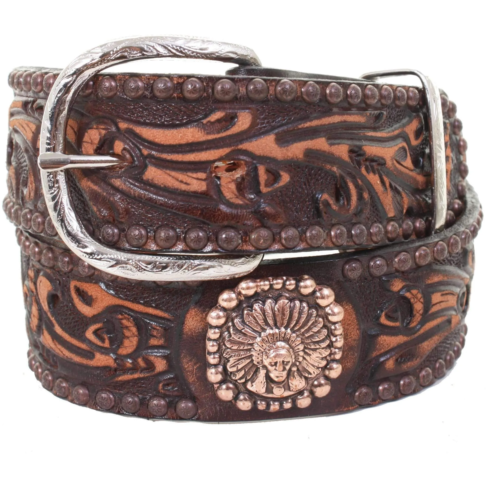 B985A - Brown Vintage Tooled Belt