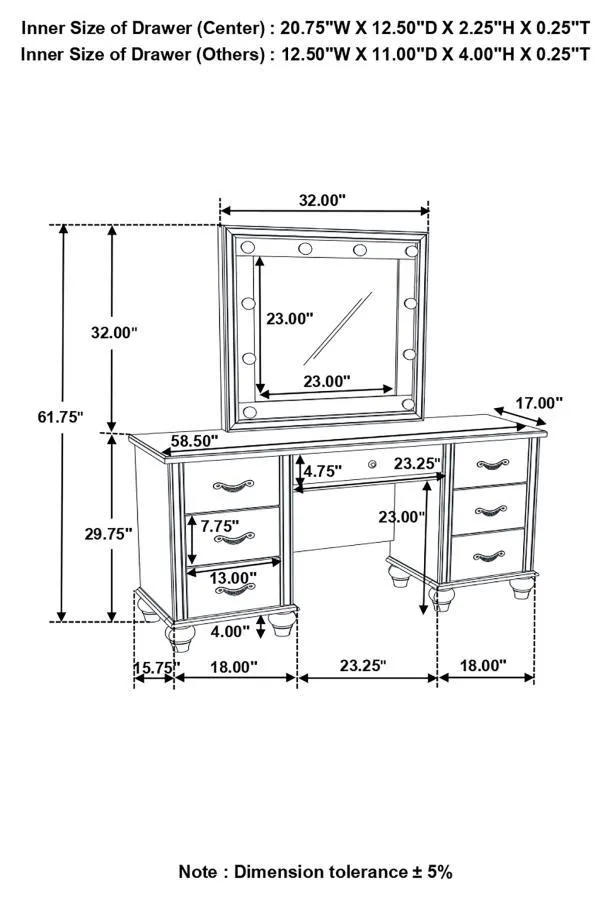 Barzini - 7-Drawer Vanity Set With Lighting - White