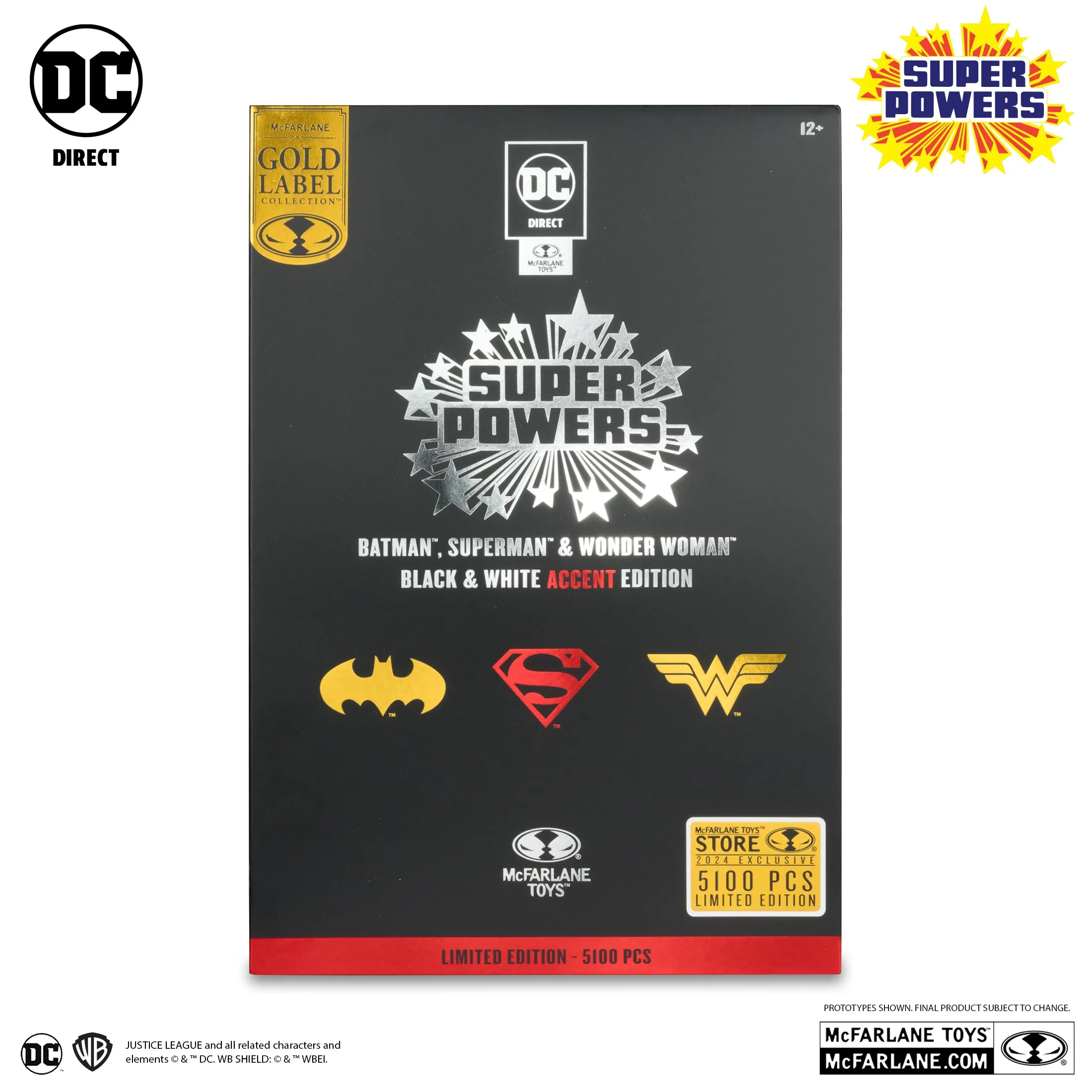 Batman, Superman & Wonder Woman Super Powers Black & White Accent Edition Gold Label 3pk (SDCC Exclusive) - McFarlane Toys