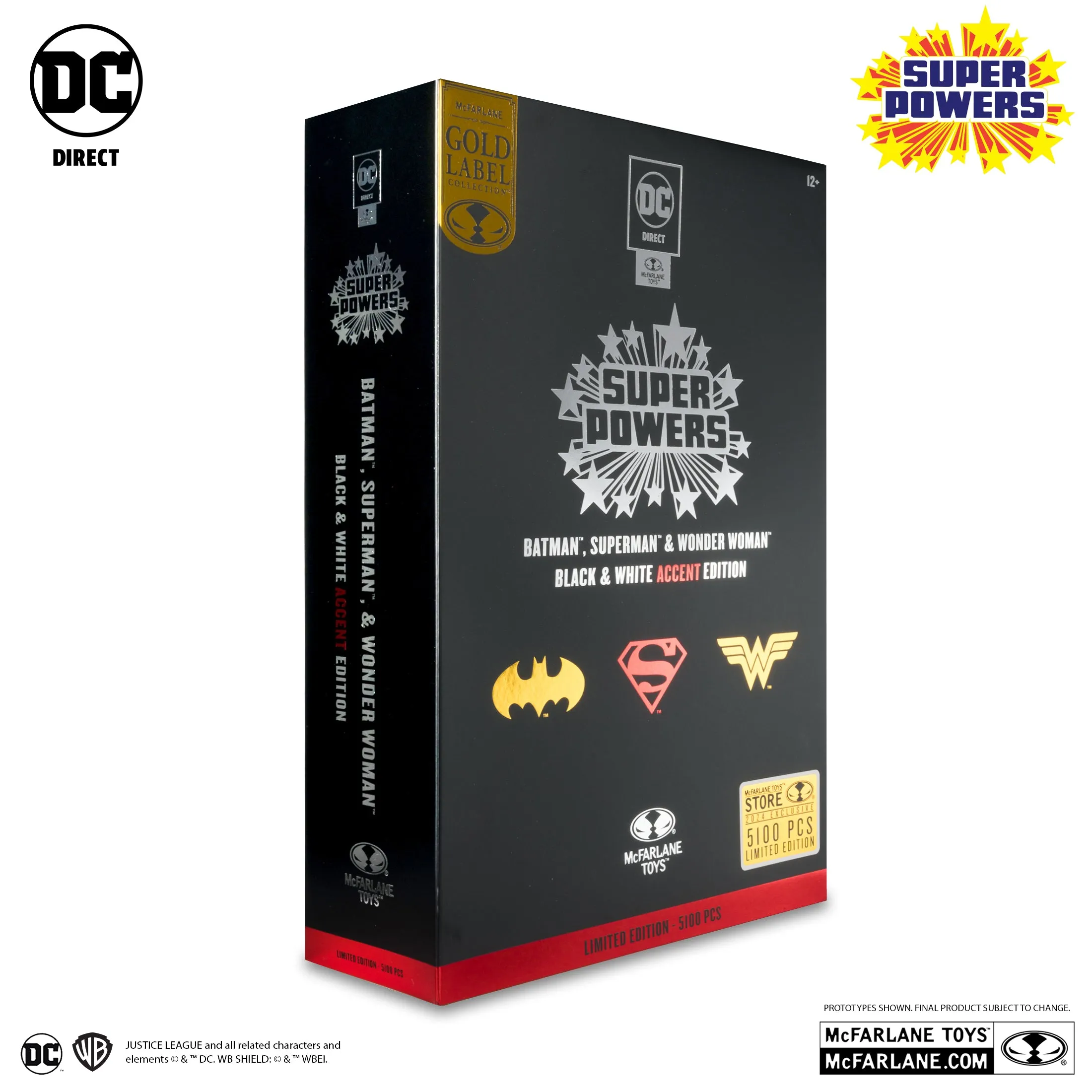 Batman, Superman & Wonder Woman Super Powers Black & White Accent Edition Gold Label 3pk (SDCC Exclusive) - McFarlane Toys