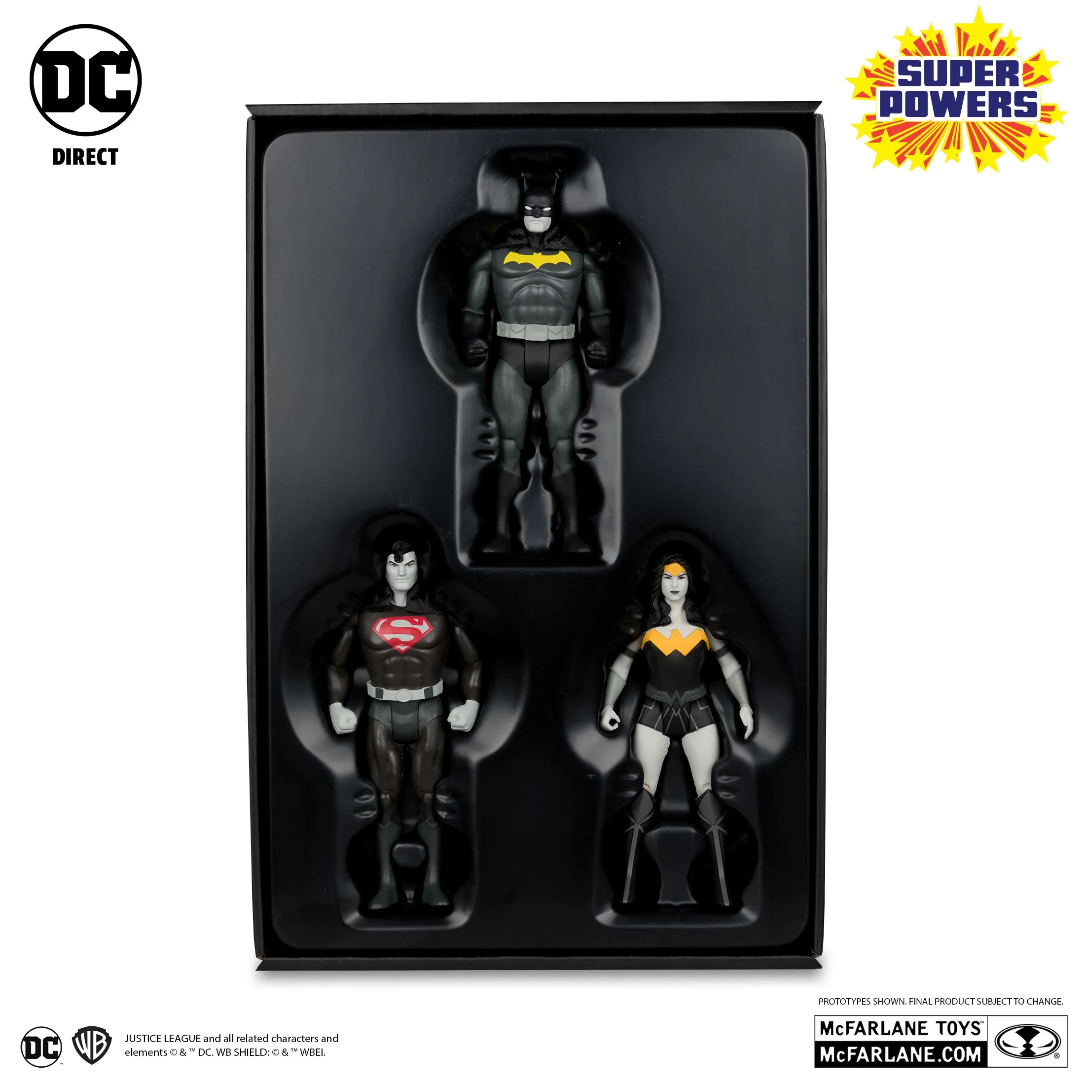 Batman, Superman & Wonder Woman Super Powers Black & White Accent Edition Gold Label 3pk (SDCC Exclusive) - McFarlane Toys