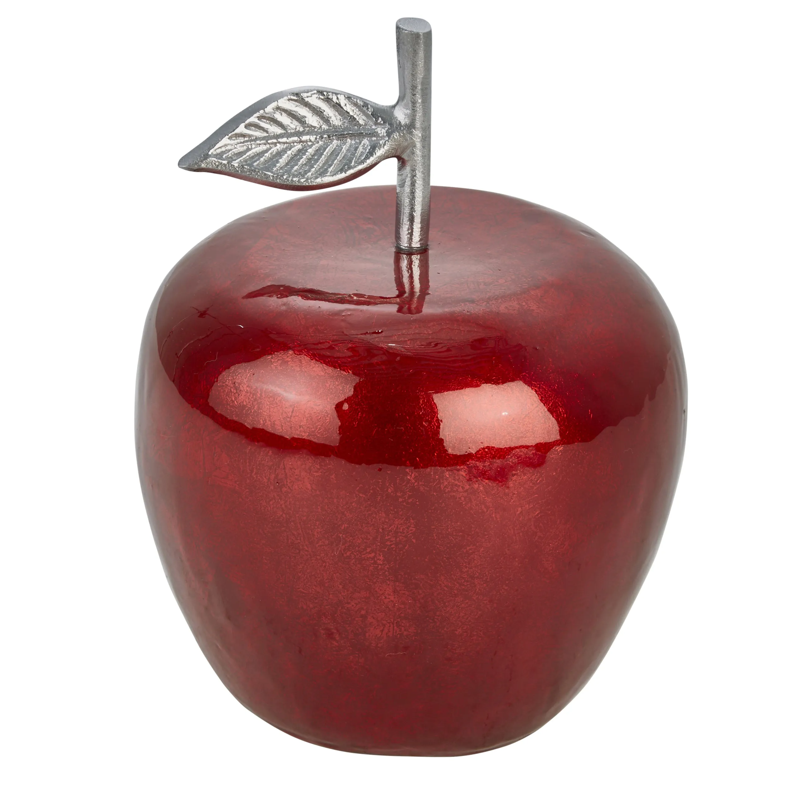 Benzara 7 Inch Aluminum Apple Accent Decor with Branch and Leaf, Red and Silver