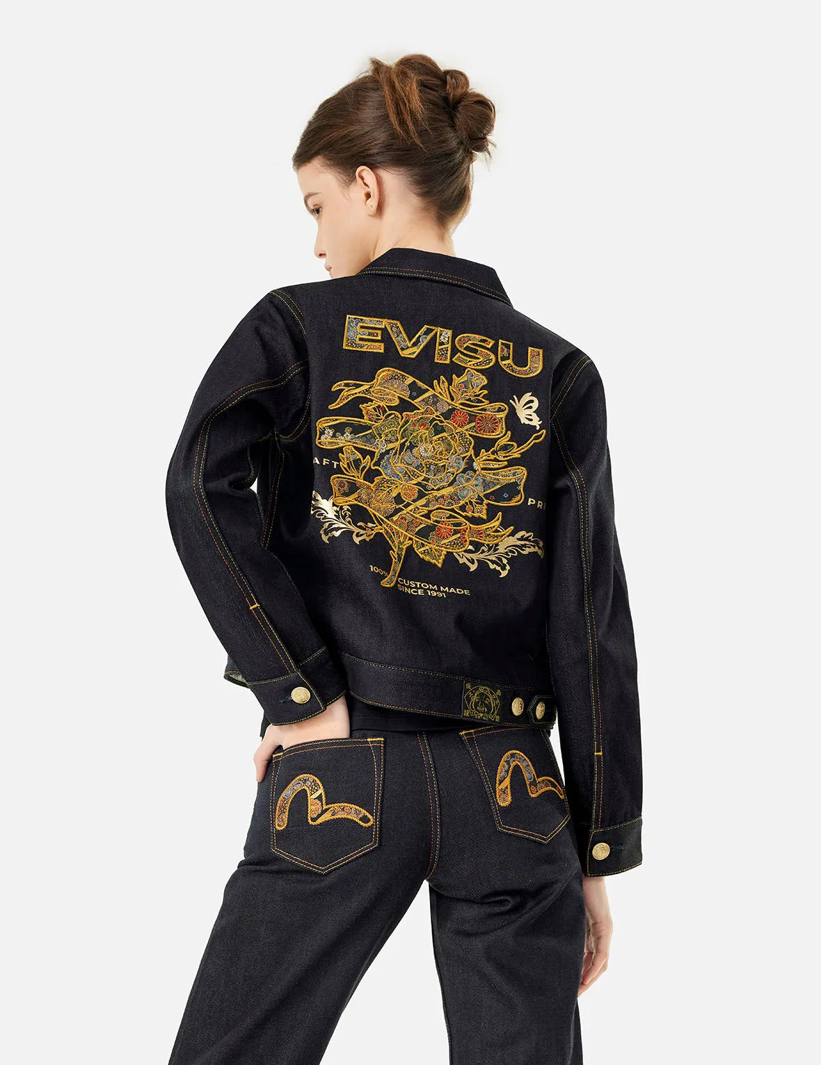 Brocade Rose and Logo Embroidery Regular Fit Denim Jacket