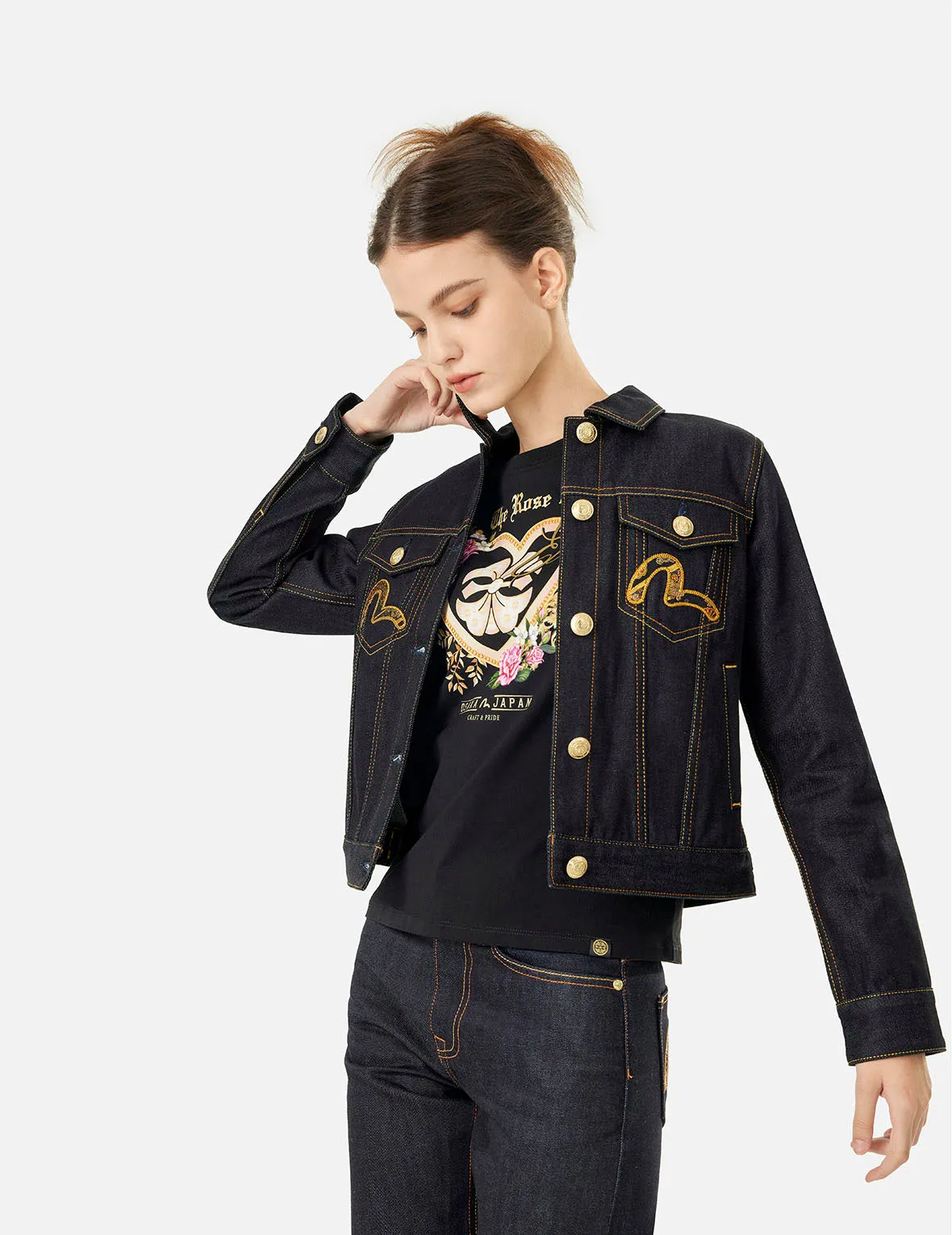 Brocade Rose and Logo Embroidery Regular Fit Denim Jacket