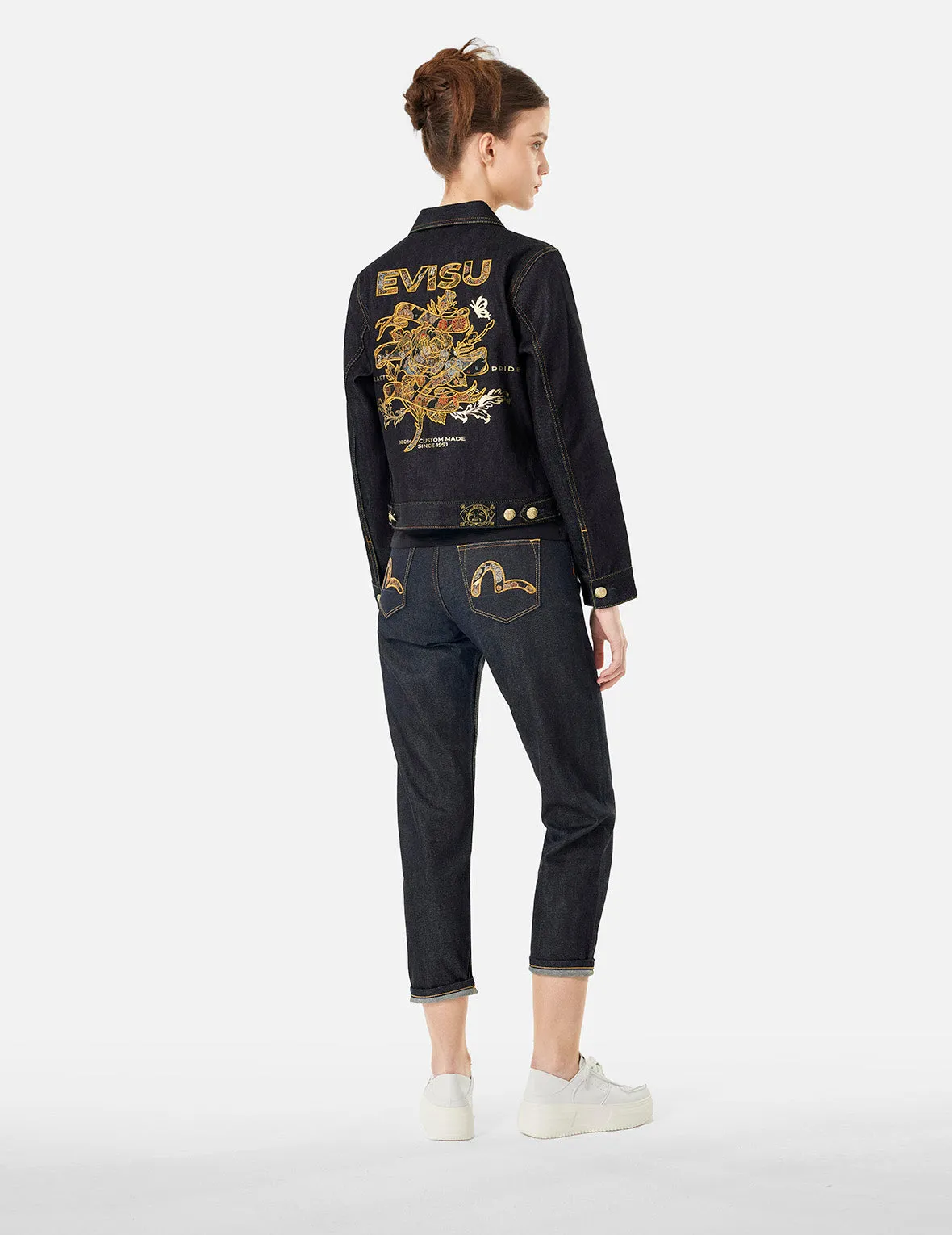 Brocade Rose and Logo Embroidery Regular Fit Denim Jacket