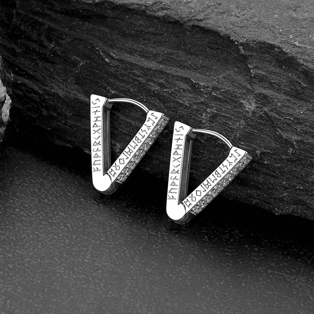 Cubic Zirconia Triangle Huggie Hoop Earrings With Runes for Men