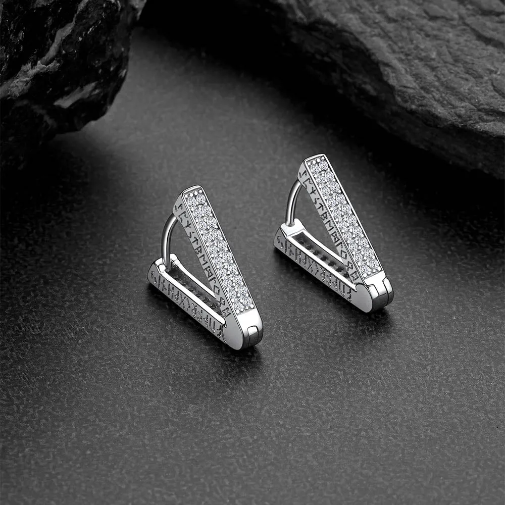 Cubic Zirconia Triangle Huggie Hoop Earrings With Runes for Men