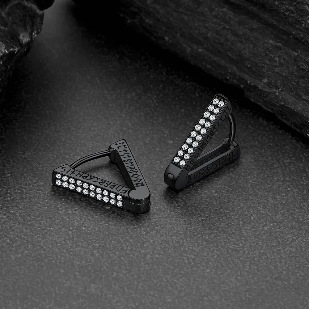 Cubic Zirconia Triangle Huggie Hoop Earrings With Runes for Men