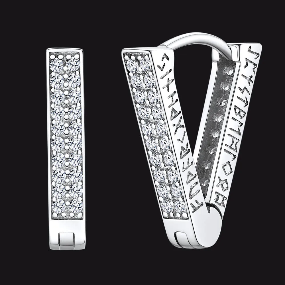 Cubic Zirconia Triangle Huggie Hoop Earrings With Runes for Men