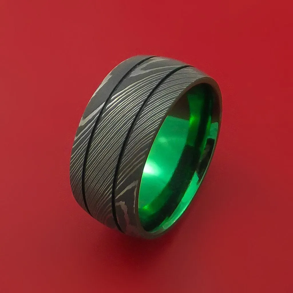 Damascus Steel Ring with Anodized Titanium Interior Sleeve Custom Made