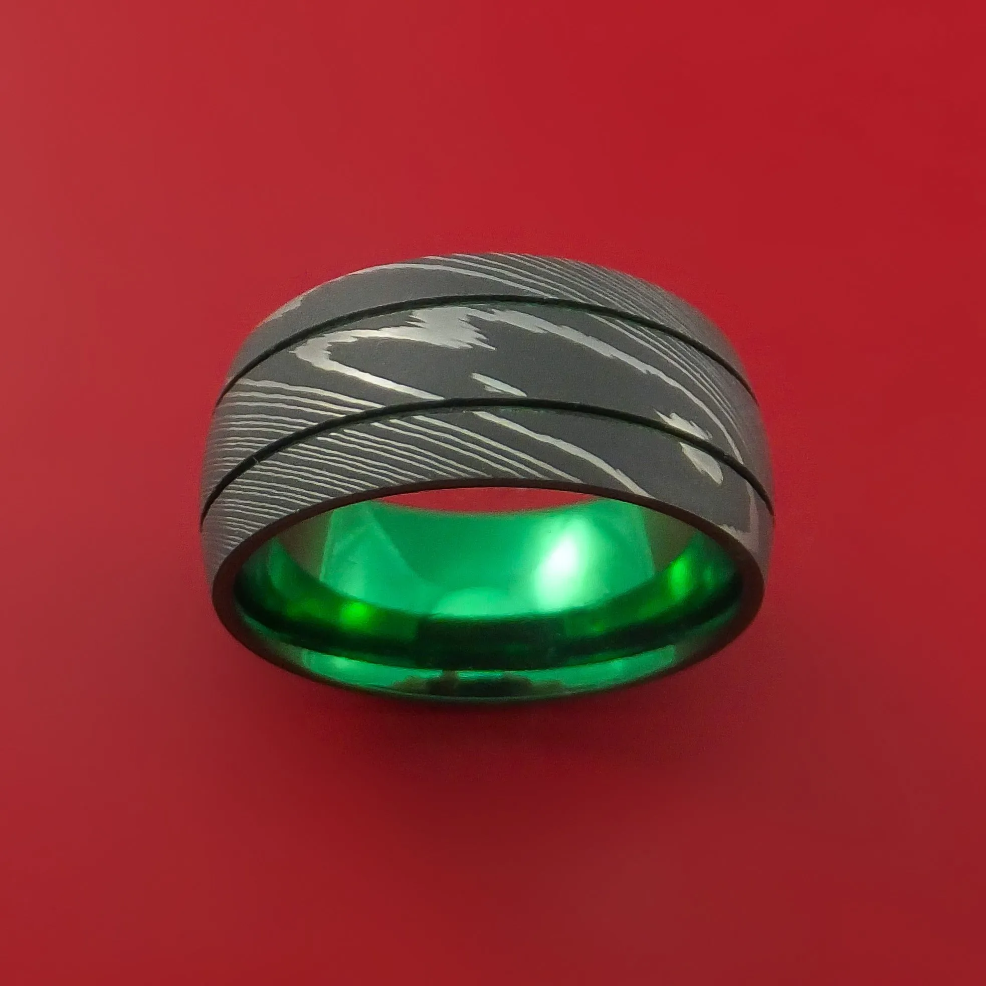 Damascus Steel Ring with Anodized Titanium Interior Sleeve Custom Made