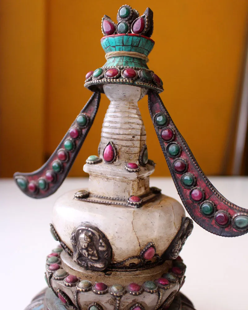 Gilt Copper and Crystal Stupa with Turquoise and Gemstone inlays