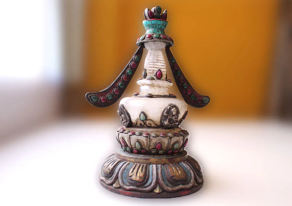 Gilt Copper and Crystal Stupa with Turquoise and Gemstone inlays