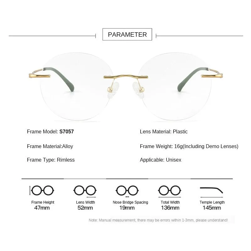 Gmei Unisex Eyeglasses Titanium Alloy Rimless Glasses Ultralight Round S7057