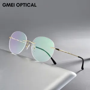 Gmei Unisex Eyeglasses Titanium Alloy Rimless Glasses Ultralight Round S7057