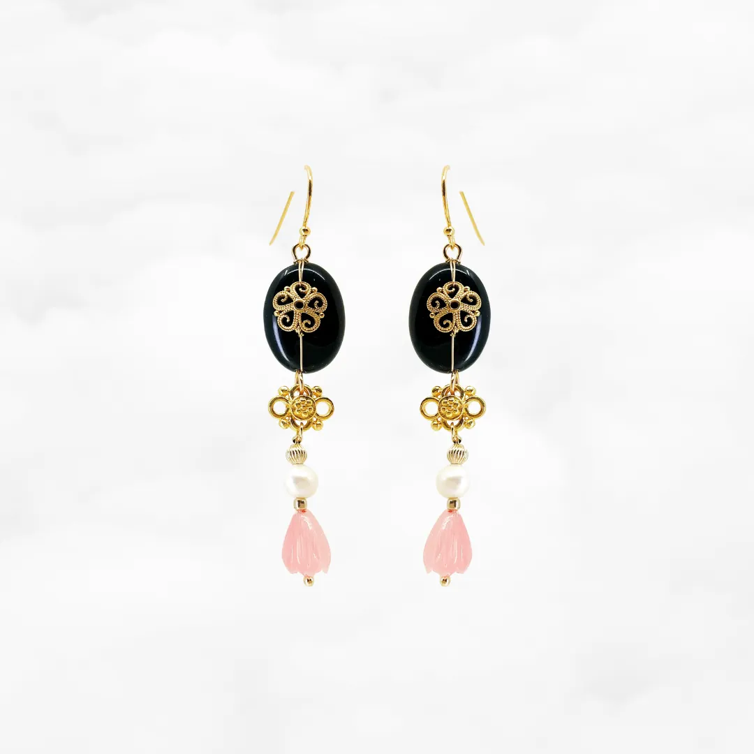 Gold Filigree Flower Black Agate Earrings