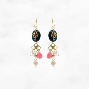 Gold Filigree Flower Black Agate Earrings