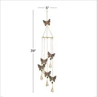 Gold Metal Butterfly Indoor Outdoor Embellished Windchime with Glass Beads and Cone Bells, 5" x 5" x 39"