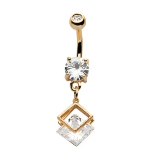 Gold PVD Double Square CZ Dangle Stainless Steel Belly Button Ring