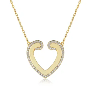 Golden Sandblasting Zircon Hollow Heart Pendant Sterling Silver Necklace