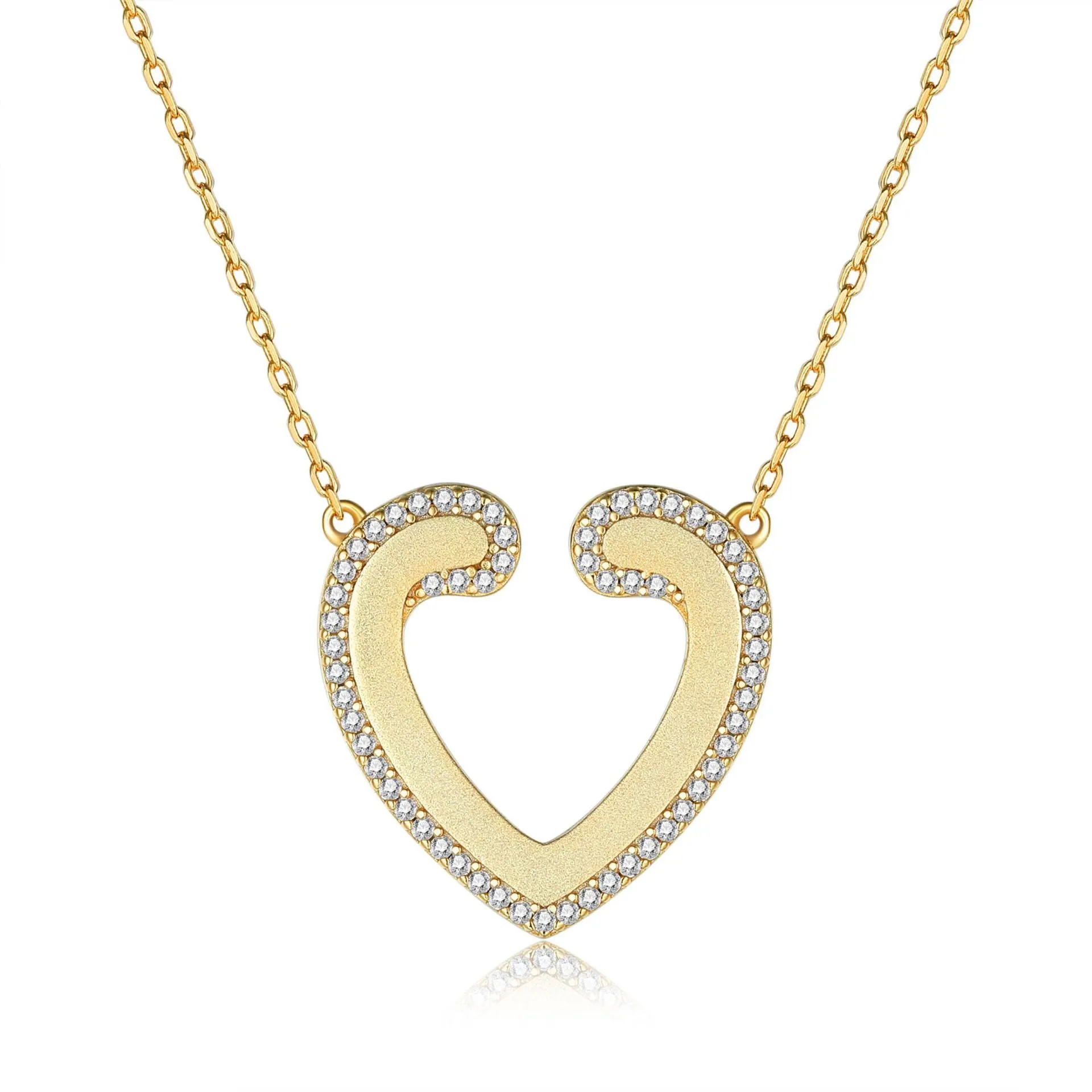 Golden Sandblasting Zircon Hollow Heart Pendant Sterling Silver Necklace