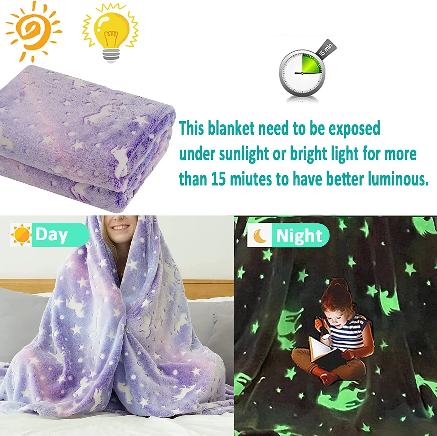 Happy Hues® Glow in The Dark Blanket Purple Unicorn| Bedroom Decor |Gifts for Toddler- Kids-Teens Boys & Girls |Travel Lightweight -Throw Blankets| Soft Cozy Fluffy- 50"x60"