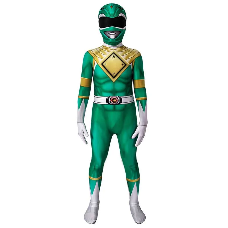 Kids Power Rangers Green Ranger Cosplay Costume Zentai Jumpsuit Mask