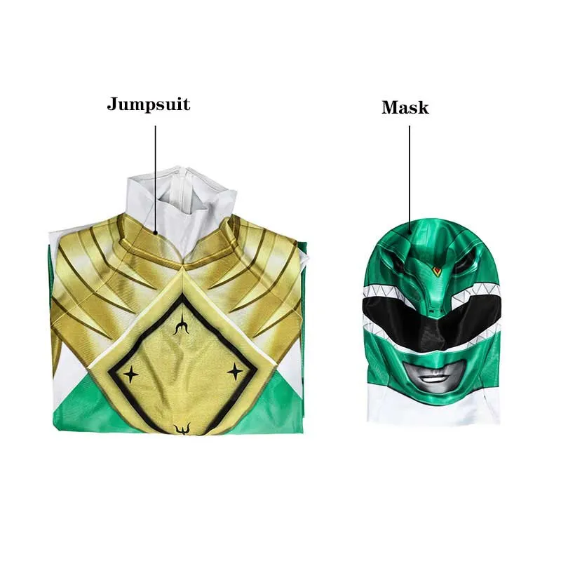 Kids Power Rangers Green Ranger Cosplay Costume Zentai Jumpsuit Mask