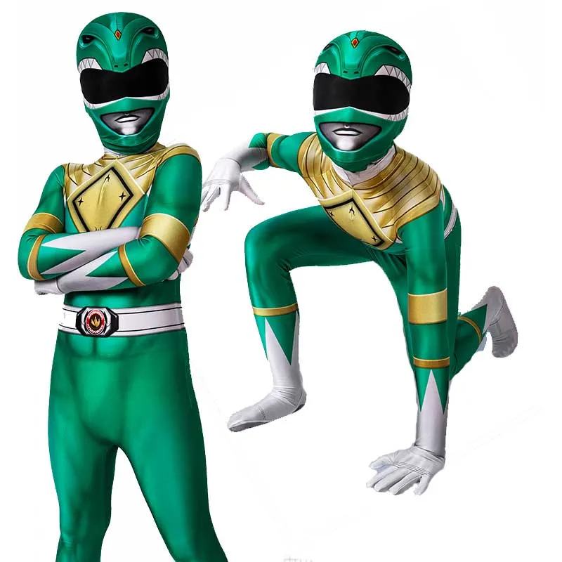 Kids Power Rangers Green Ranger Cosplay Costume Zentai Jumpsuit Mask