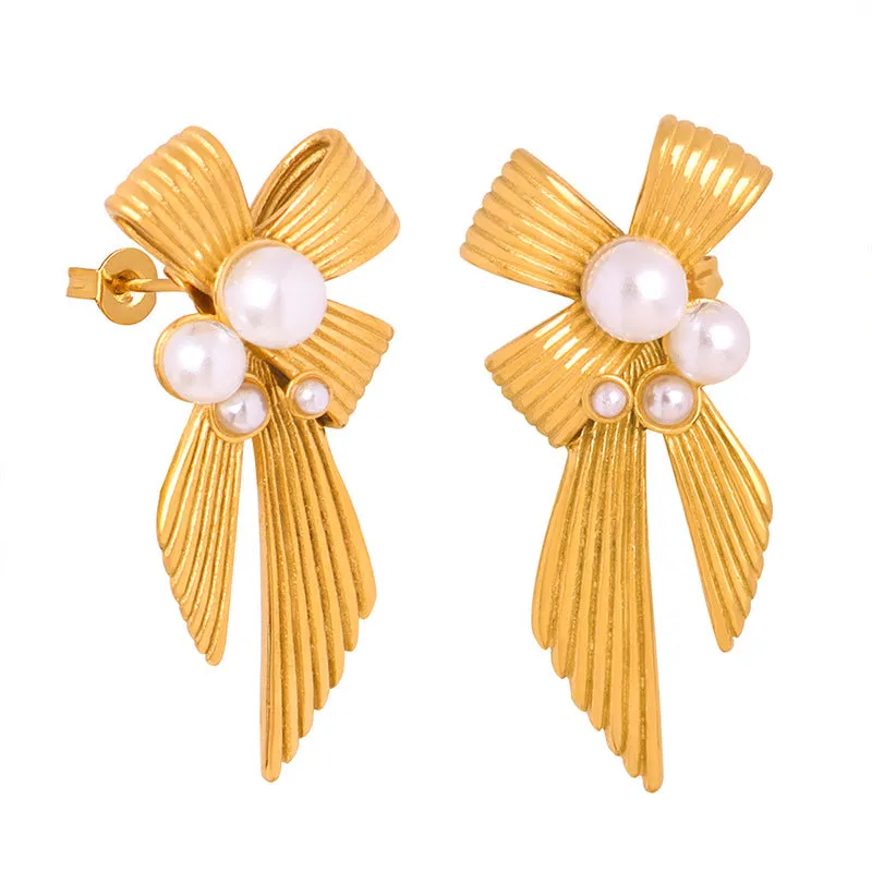 Luxurious Titanium Steel Earrings with Gold-Plated Floral Accents and Pearls, European and American Designer Collection for Women