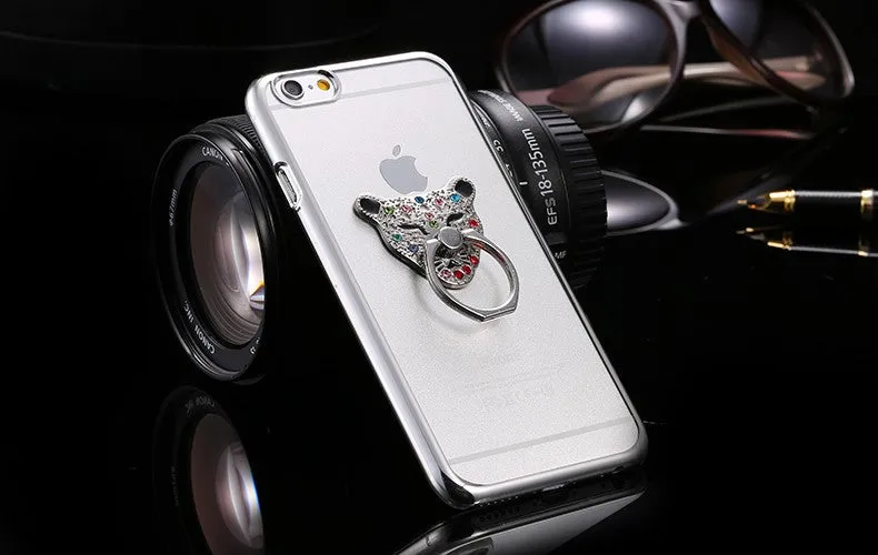 Metal Plating Bling Diamond Pattern Case For Iphone 6 6s / 6s Plus Hard PC Ring Animal Stand Back Phone Cover