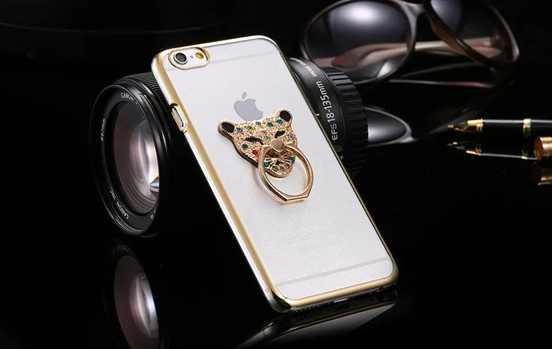 Metal Plating Bling Diamond Pattern Case For Iphone 6 6s / 6s Plus Hard PC Ring Animal Stand Back Phone Cover