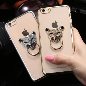 Metal Plating Bling Diamond Pattern Case For Iphone 6 6s / 6s Plus Hard PC Ring Animal Stand Back Phone Cover