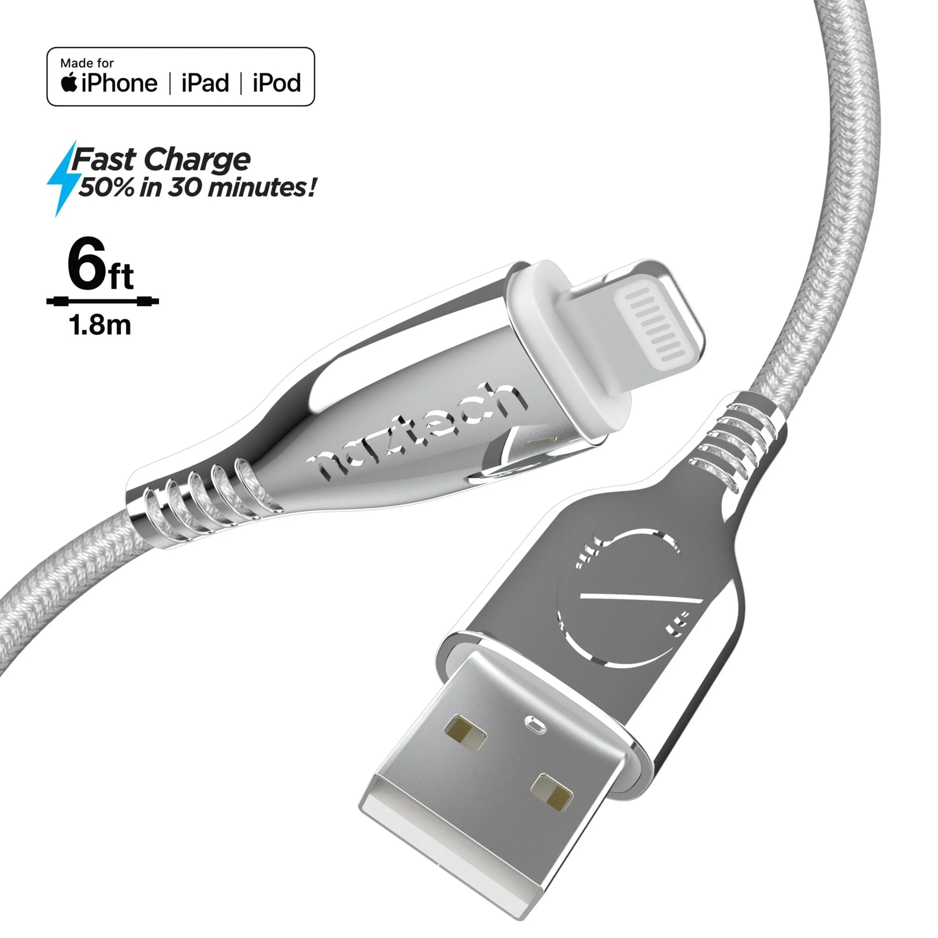 Naztech Titanium USB to MFi Lightning Braided Cable 6ft White