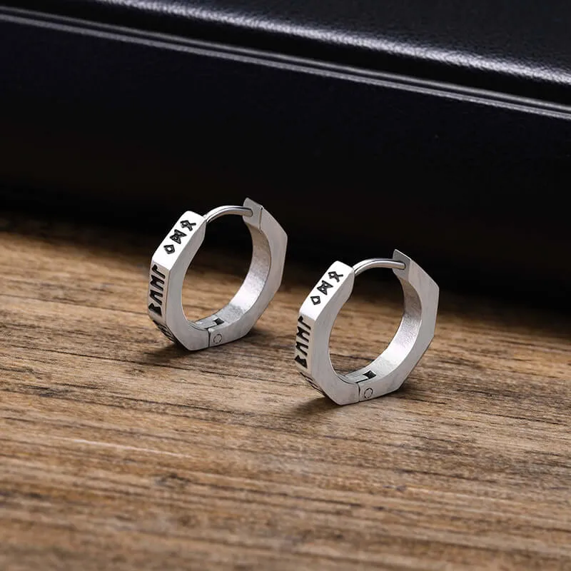 Octagon Viking Runes Stainless Steel Hoop Earrings