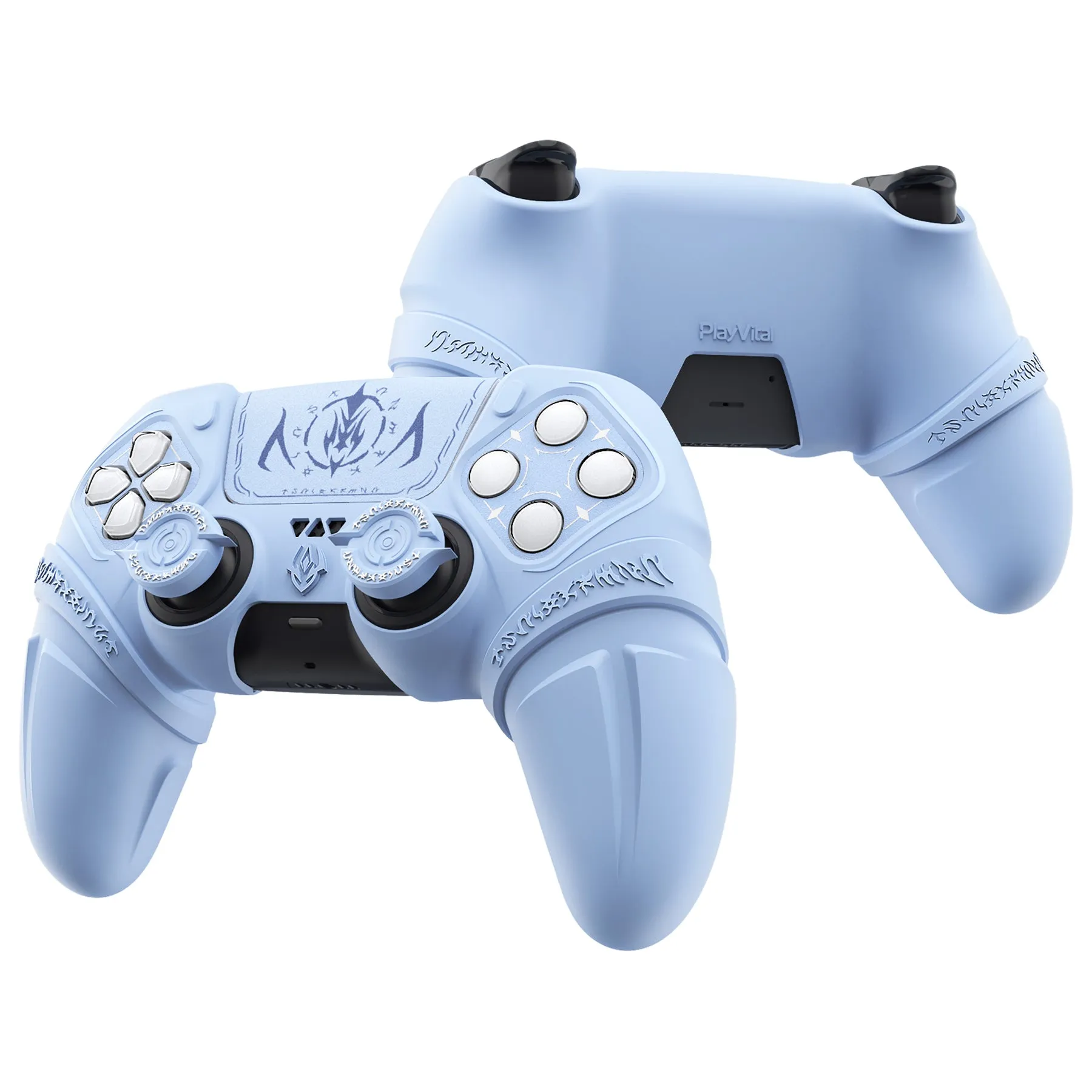 PlayVital 2 Set Runes Edition Silicone Cover Skin for PS5 Controller with Thumb Grips & Touchpad Skin & D-pad Area Sticker, Compatible with PS5 Charging Dock - Blue - FVEPFP008