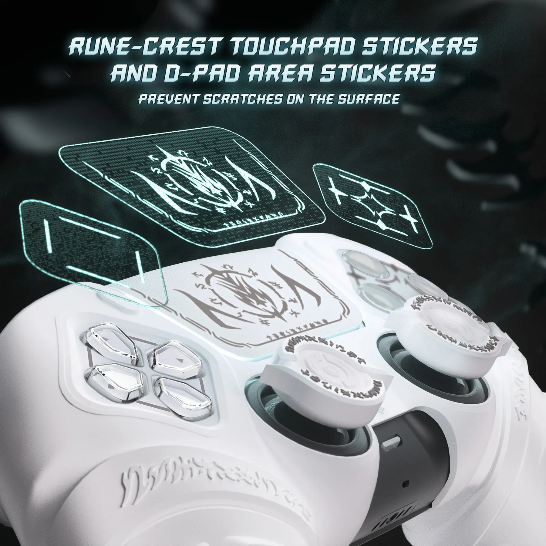 PlayVital Runes Edition Silicone Cover Skin for PS5 Controller with Thumb Grips & Touchpad Skin & D-pad Area Sticker, Compatible with PS5 Charging Dock - White - FVEPFP002