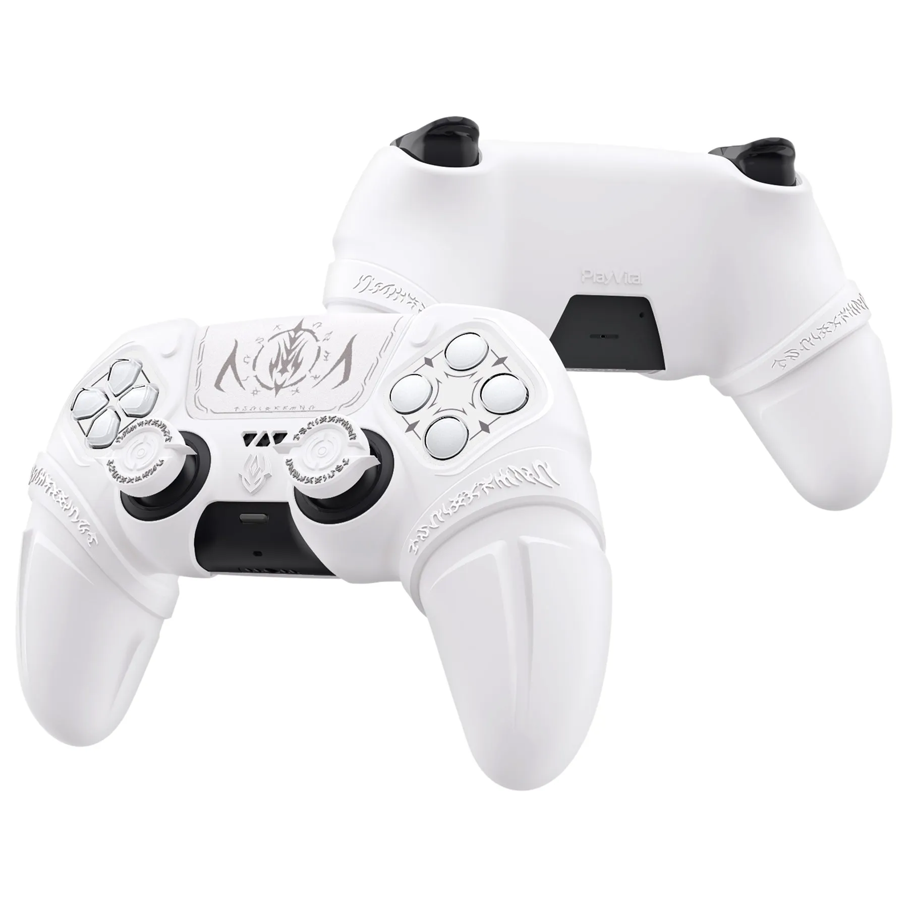 PlayVital Runes Edition Silicone Cover Skin for PS5 Controller with Thumb Grips & Touchpad Skin & D-pad Area Sticker, Compatible with PS5 Charging Dock - White - FVEPFP002