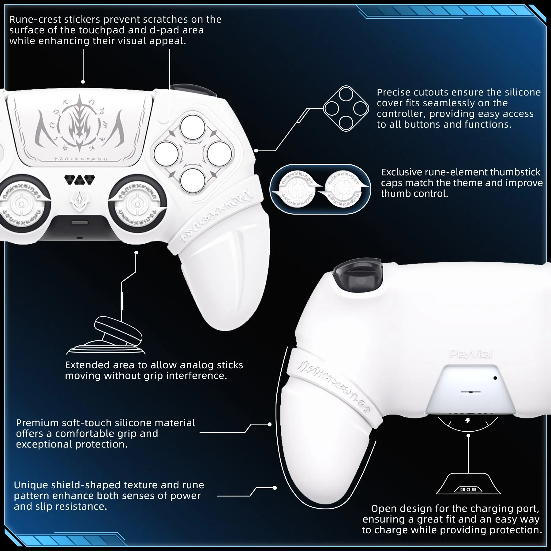 PlayVital Runes Edition Silicone Cover Skin for PS5 Controller with Thumb Grips & Touchpad Skin & D-pad Area Sticker, Compatible with PS5 Charging Dock - White - FVEPFP002