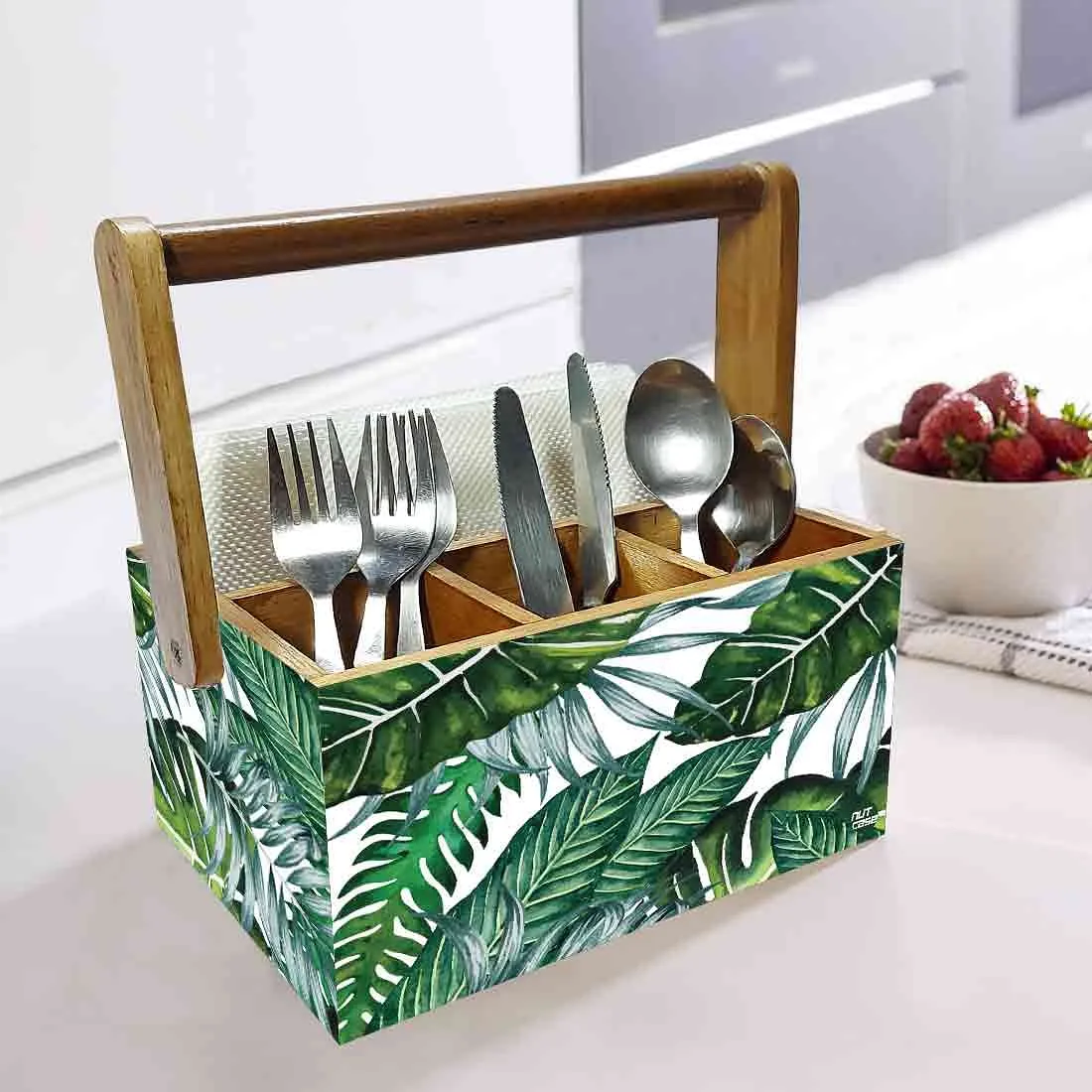 Restaurant Silverware Holder With Handle for Spoons Tissue Organizer - Leaves