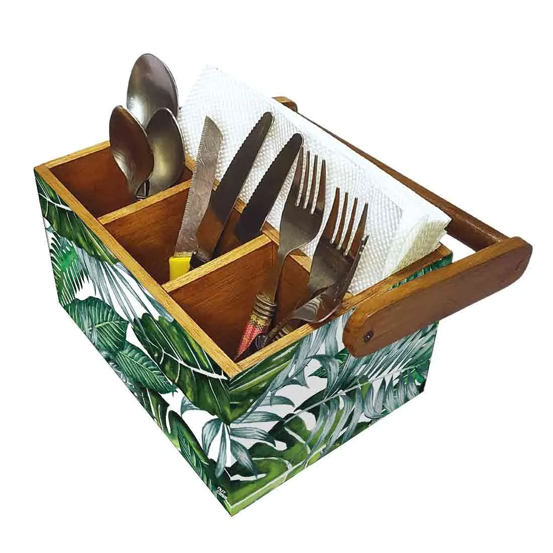 Restaurant Silverware Holder With Handle for Spoons Tissue Organizer - Leaves